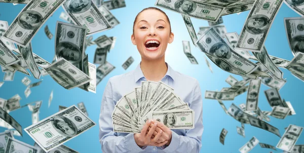 Happy laughing businesswoman with dollar money — Stock Photo, Image