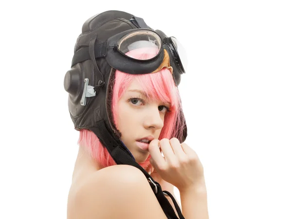 Topless fille de cheveux roses dans le casque aviateur — Photo