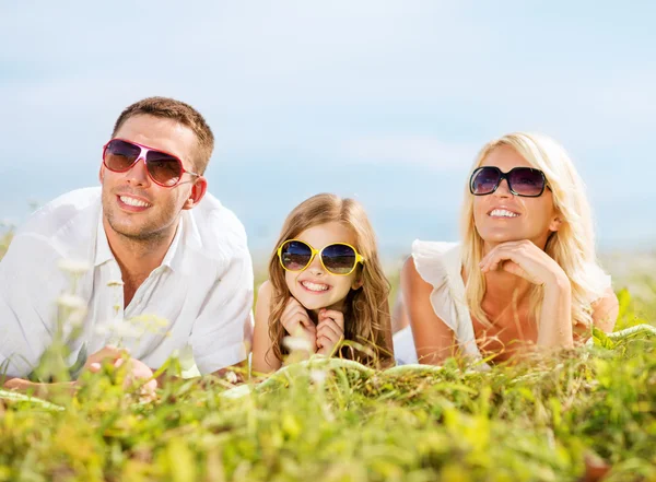 Família feliz com céu azul e grama verde — Fotografia de Stock