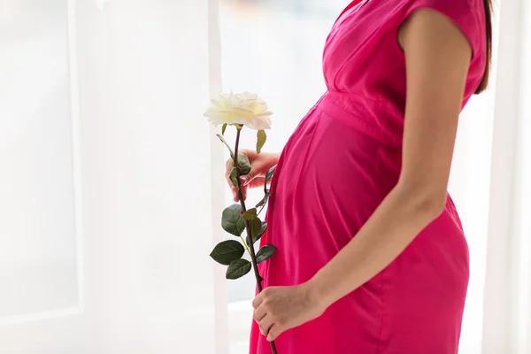 Ευτυχισμένη έγκυος γυναίκα με το ροδαλό λουλούδι στο σπίτι — Φωτογραφία Αρχείου