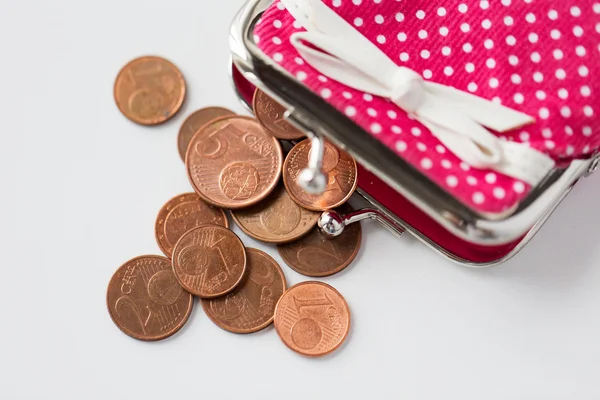 Close up of euro coins and wallet from top — Stock Photo, Image