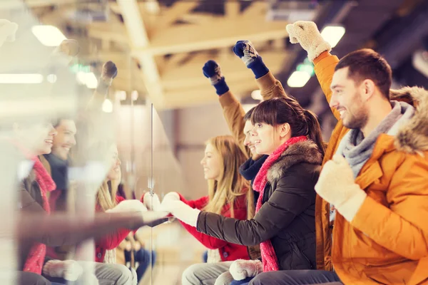 Happy friends watching hockey game on skating rink — Stock Photo, Image
