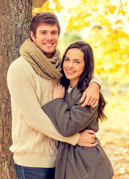 Casal sorridente abraçando no parque de outono — Fotografia de Stock