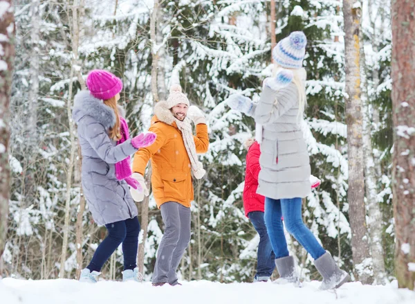 Amis heureux jouant boules de neige dans la forêt — Photo