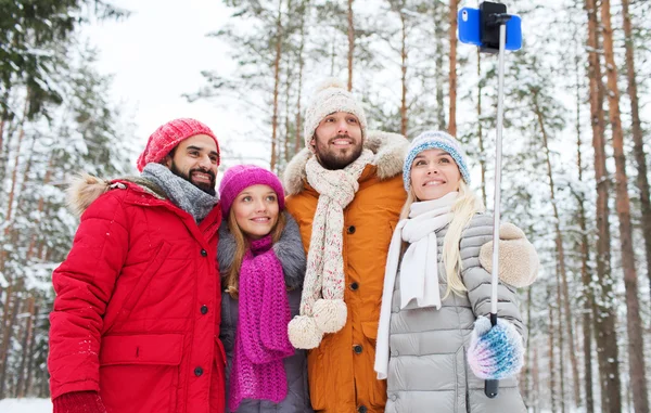 Amigos sonrientes con teléfono inteligente en el bosque de invierno — Foto de Stock