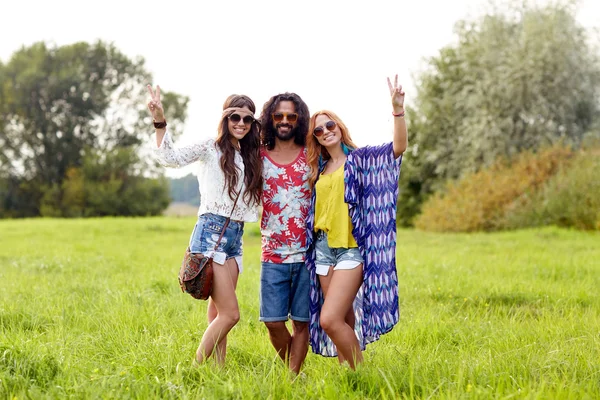 Mutlu genç hippi arkadaşlar açık havada barış gösterilen — Stok fotoğraf