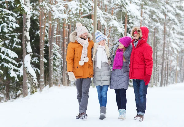 Grupo de homens e mulheres sorridentes na floresta de inverno — Fotografia de Stock