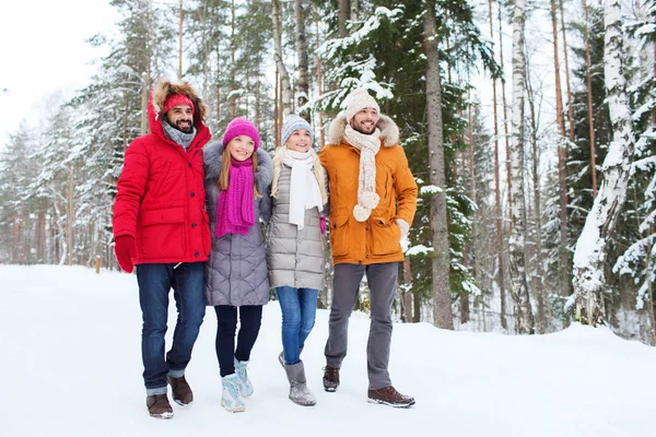 Group of smiling men and women in winter forest — Stock Photo, Image