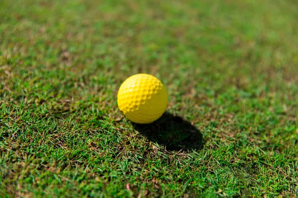 Close up of yellow golf ball on green grass — Stok fotoğraf