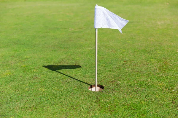 Close-up van vlag merk in gat op golf veld — Stockfoto