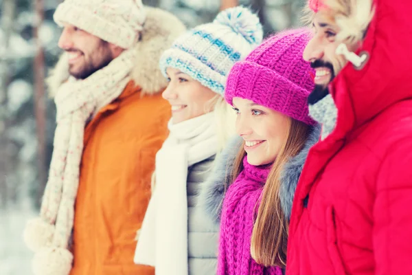 Gruppe lächelnder Männer und Frauen im Winterwald — Stockfoto