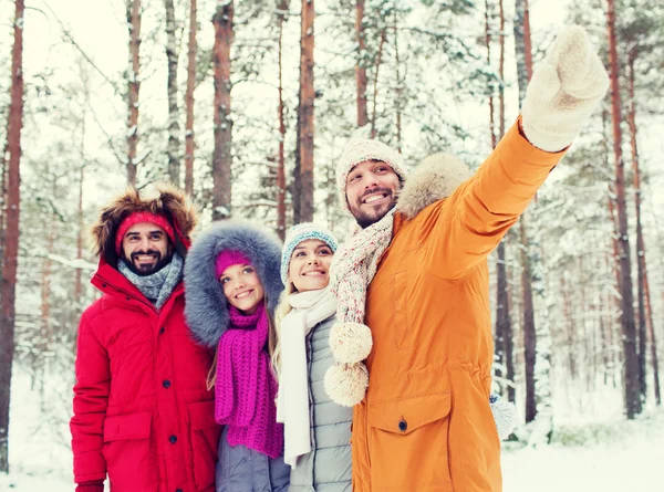 Ομάδα του χαμογελώντας ανδρών και γυναικών στο δάσος του χειμώνα — Φωτογραφία Αρχείου