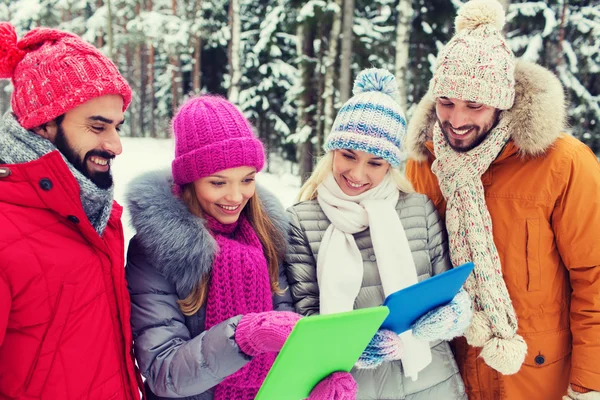 Ler vänner med TabletPC i vinter skog — Stockfoto