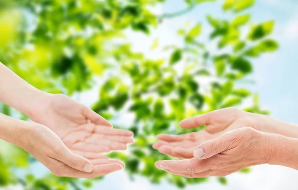 Primo piano di mani di donna anziana e giovane — Foto Stock