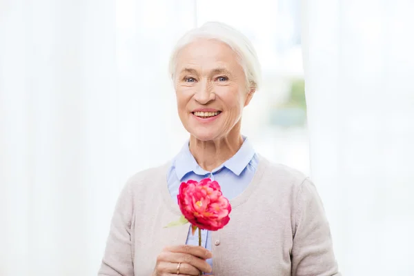 Feliz sorrindo mulher sênior com flor em casa — Fotografia de Stock