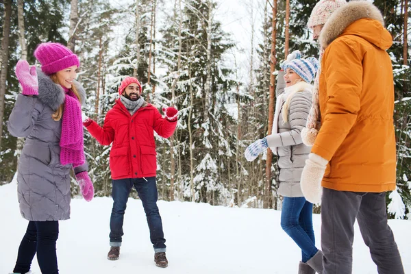 Amigos felices jugando bola de nieve en el bosque de invierno —  Fotos de Stock