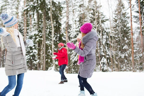 Szczęśliwy znajomych gra snowball w zimowym lesie — Zdjęcie stockowe