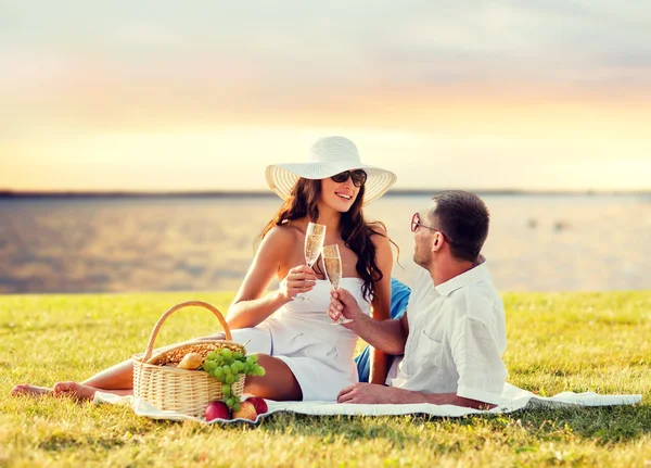 Lyckliga par dricka champagne på picknick — Stockfoto