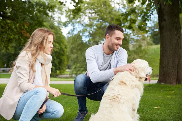 Lyckliga par med labrador hund promenader i city — Stockfoto