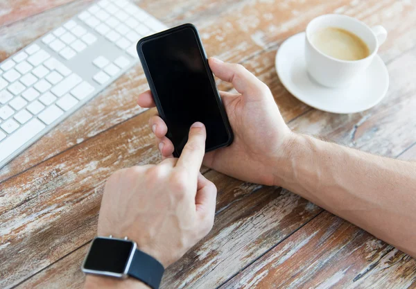 Close up of hands with smart phone and watch — Stock Photo, Image