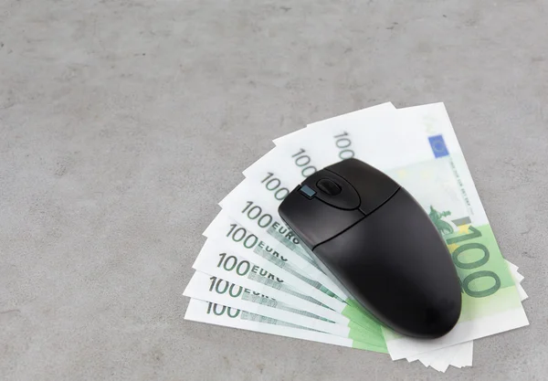 Close up of computer mouse and euro cash money — Stock Photo, Image