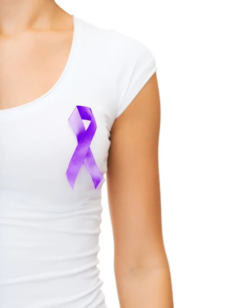 Close up of woman with purple awareness ribbon — 스톡 사진