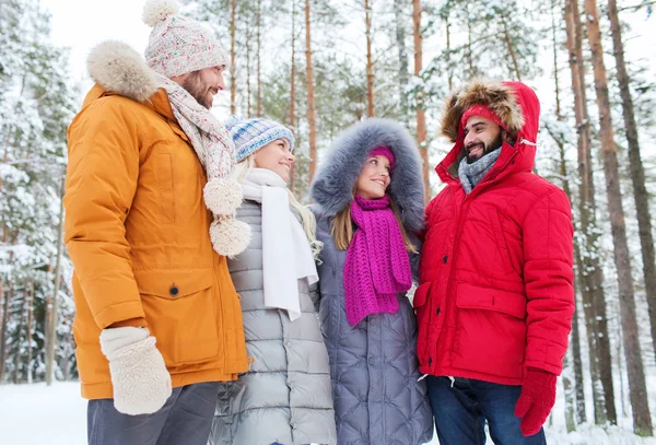 Grupo de homens e mulheres sorridentes na floresta de inverno — Fotografia de Stock