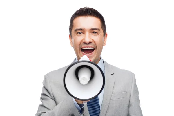 Gelukkig zakenman in het pak spreken aan megafoon — Stockfoto
