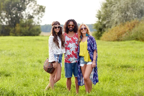 Lachende jonge hippie vrienden op groen veld Stockfoto