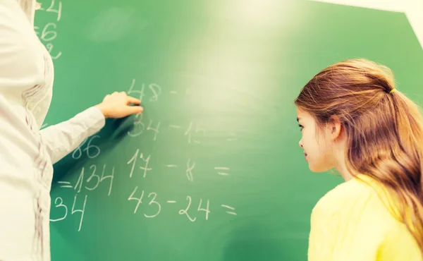 Schoolgirl and teacher with task on chalk board — 图库照片