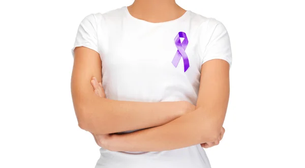 Close up of woman with purple awareness ribbon — Stok fotoğraf