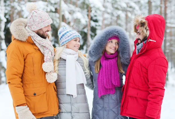 Groep glimlachend mannen en vrouwen in winter forest — Stockfoto