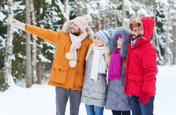 Grupo de homens e mulheres sorridentes na floresta de inverno — Fotografia de Stock