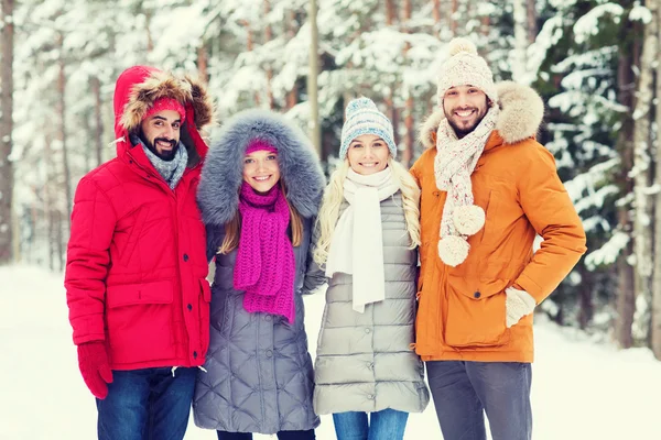 Group of smiling men and women in winter forest — Stock Photo, Image