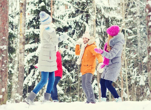 Grupo de amigos felices jugando bolas de nieve en el bosque —  Fotos de Stock