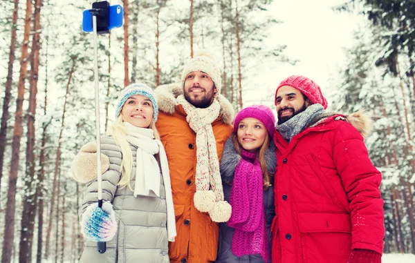 Amigos sorridentes com smartphone na floresta de inverno — Fotografia de Stock