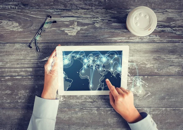 Close up of hands with tablet pc and network — Stock Photo, Image