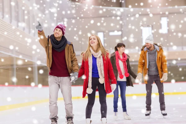 Happy friends pointing finger on skating rink — Stock Photo, Image