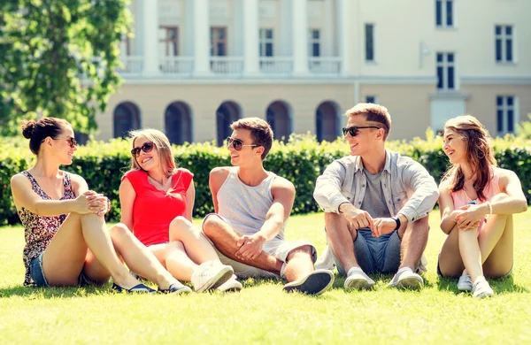 Group of smiling friends outdoors sitting on grass — Stock Photo, Image