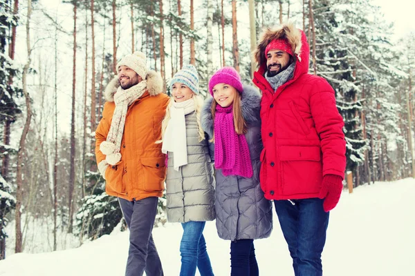 Группа улыбающихся мужчин и женщин в зимнем лесу — стоковое фото
