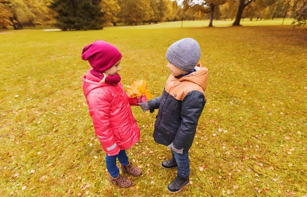 Petit garçon donnant feuilles d'érable d'automne à la fille — Photo