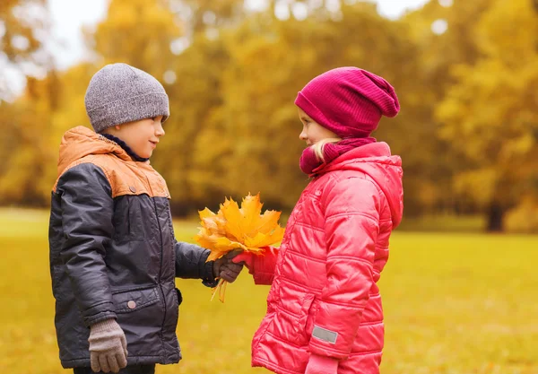 Liten pojke ger höst lönnlöv till flicka — Stockfoto