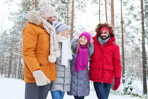 Grupp av leende män och kvinnor i vinter skog — Stockfoto