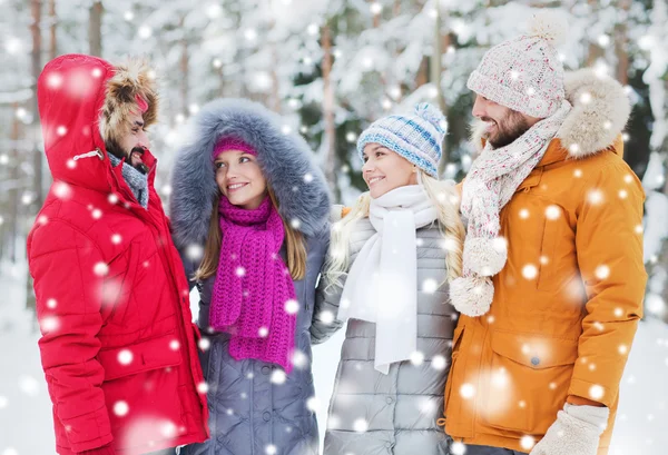 Groupe d'hommes et de femmes souriants dans la forêt d'hiver — Photo