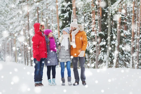 Groep glimlachend mannen en vrouwen in winter forest — Stockfoto