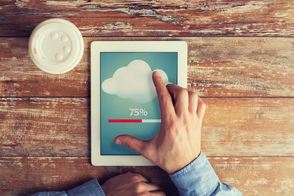 Close up of hands with tablet pc transferring data — Stock Photo, Image