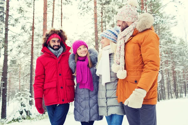 Groupe d'hommes et de femmes souriants dans la forêt d'hiver — Photo