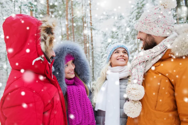 Група усміхнених чоловіків і жінок в зимовому лісі — стокове фото