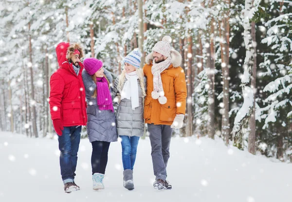 Група усміхнених чоловіків і жінок в зимовому лісі — стокове фото