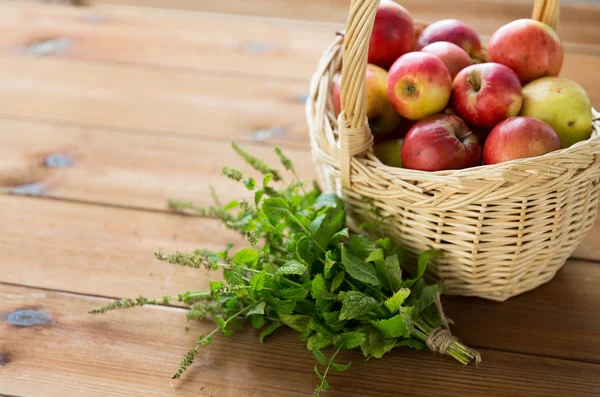 Close up of melissa and basket with apples — Stock Photo, Image